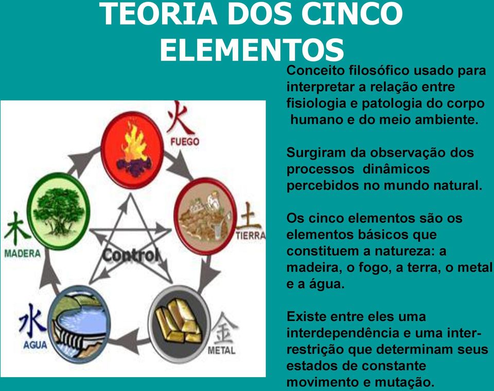 Os cinco elementos são os elementos básicos que constituem a natureza: a madeira, o fogo, a terra, o metal e a