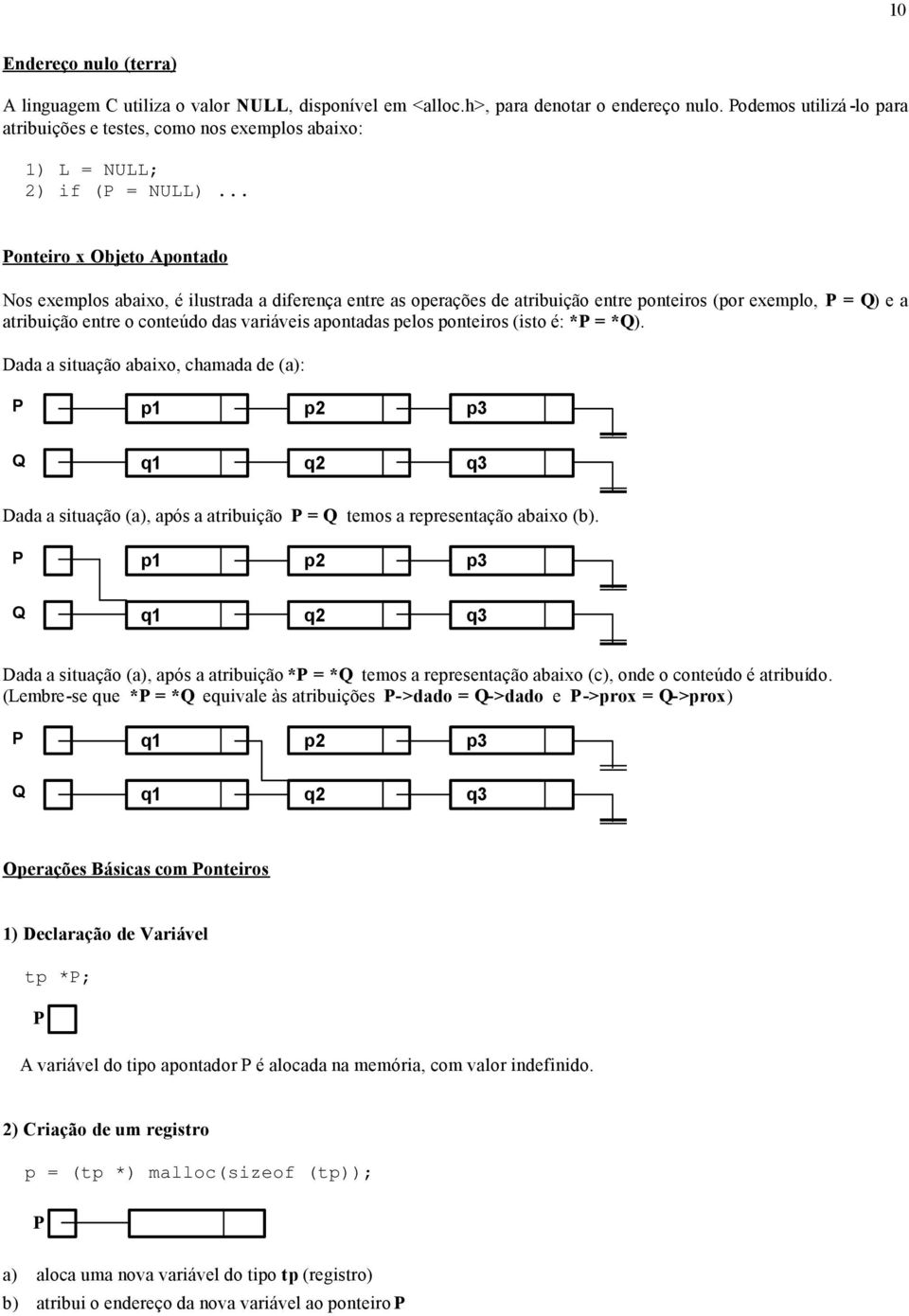 .. Ponteiro x Objeto Apontado Nos exemplos abaixo, é ilustrada a diferença entre as operações de atribuição entre ponteiros (por exemplo, P = Q) e a atribuição entre o conteúdo das variáveis