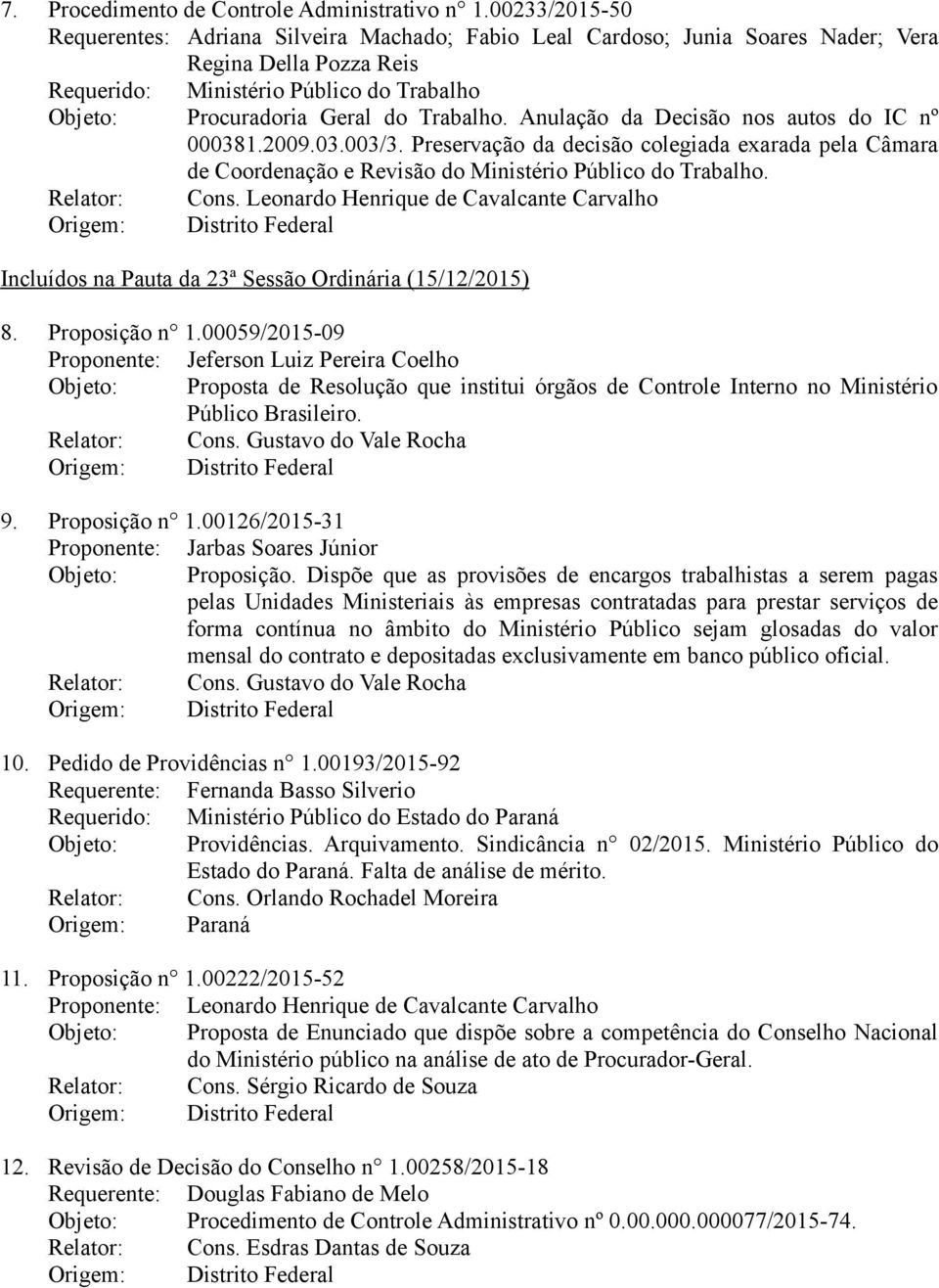 Trabalho. Anulação da Decisão nos autos do IC nº 000381.2009.03.003/3. Preservação da decisão colegiada exarada pela Câmara de Coordenação e Revisão do Ministério Público do Trabalho. Relator: Cons.