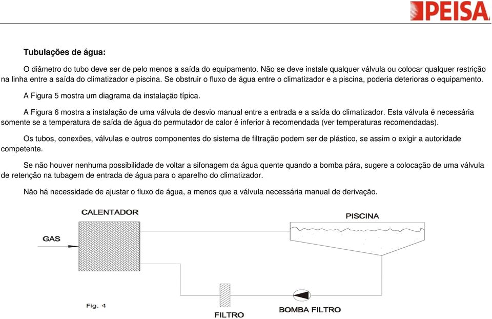 Se obstruir o fluxo de água entre o climatizador e a piscina, poderia deterioras o equipamento. A Figura 5 mostra um diagrama da instalação típica.