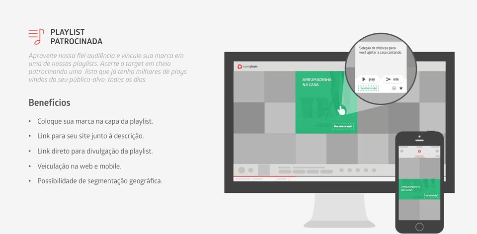 público-alvo, todos os dias. Benefícios Coloque sua marca na capa da playlist.