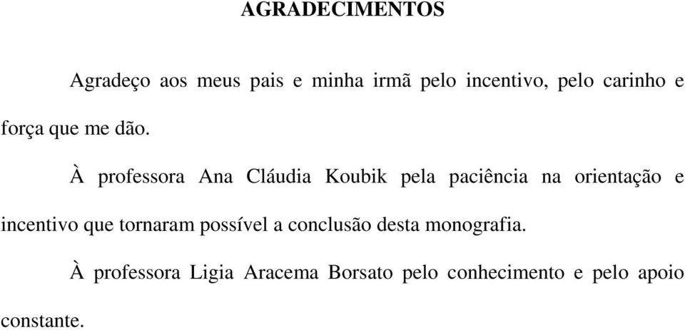 À professora Ana Cláudia Koubik pela paciência na orientação e incentivo