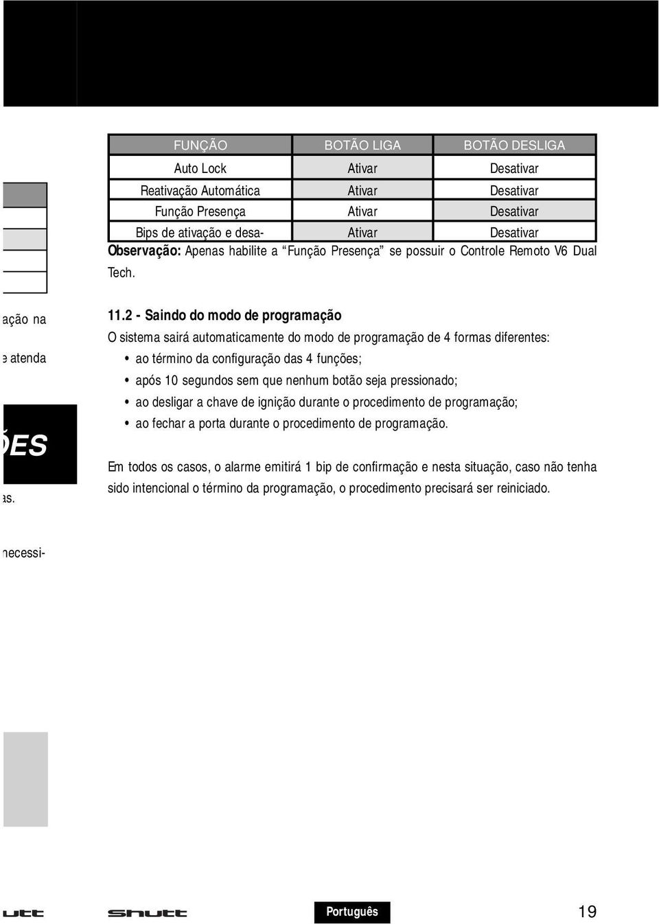 2 - Saindo do modo de programação O sistema sairá automaticamente do modo de programação de 4 formas diferentes: ao término da confi guração das 4 funções; após 10 segundos sem que nenhum botão seja