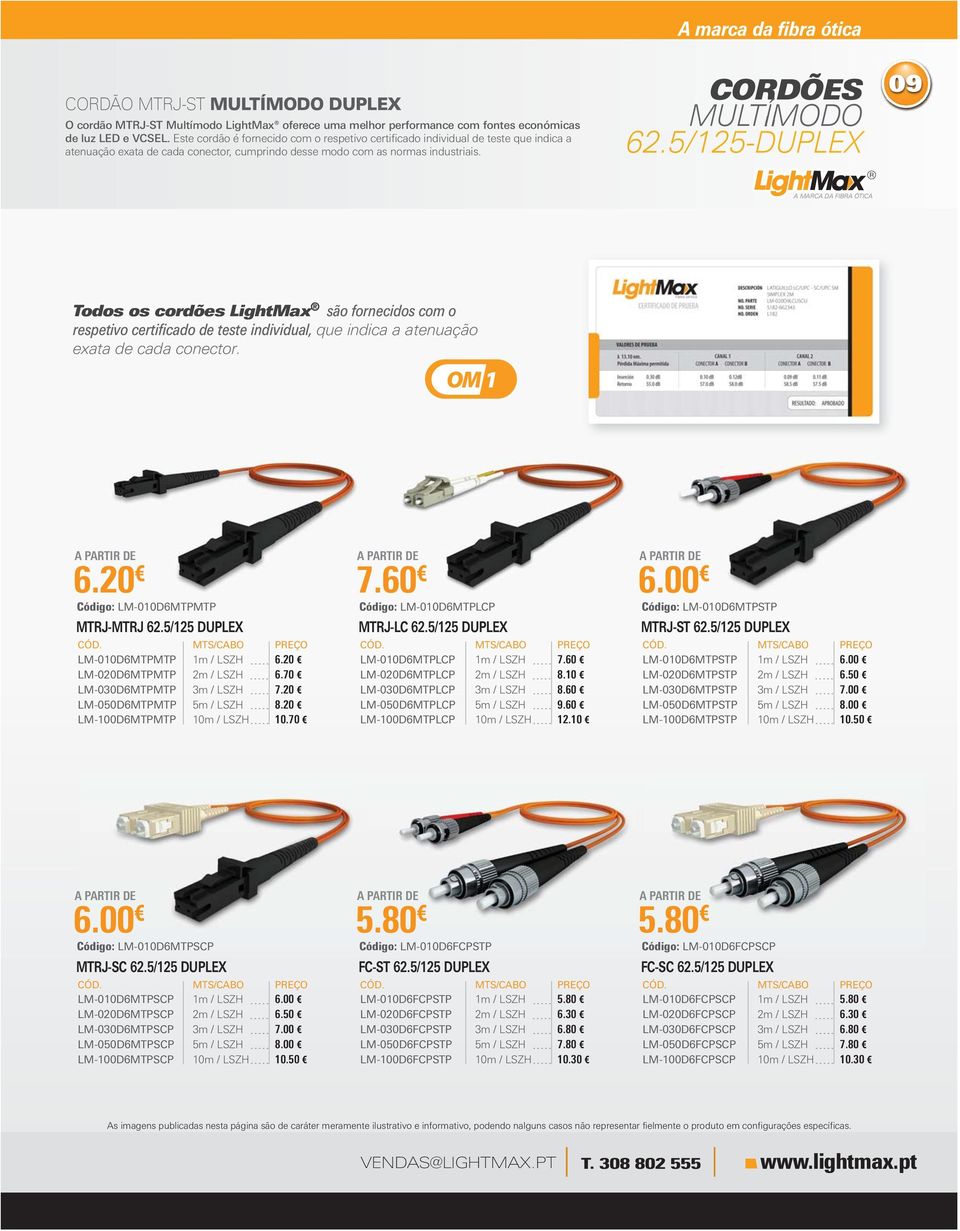 A marca da fibra ótica CORDÕES MULTÍ MODO 62.5/25-DUPLEX 09 Todos os cordões LightMax são fornecidos com o respetivo certificado de teste individual, que indica a atenuação exata de cada conector.