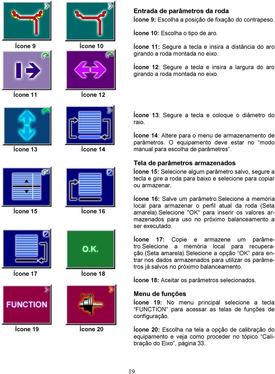 Ícone 11 Ícone 12 Ícone 13: Segure a tecla e coloque o diâmetro do raio. Ícone 13 Ícone 14 Ícone 14: Altere para o menu de armazenamento de parâmetros.