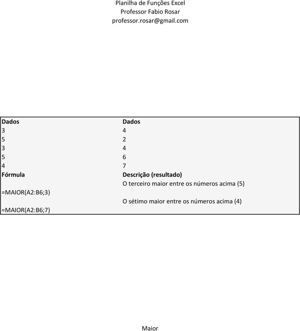 (5) =MAIOR(A2:B6;3) O sétimo maior entre