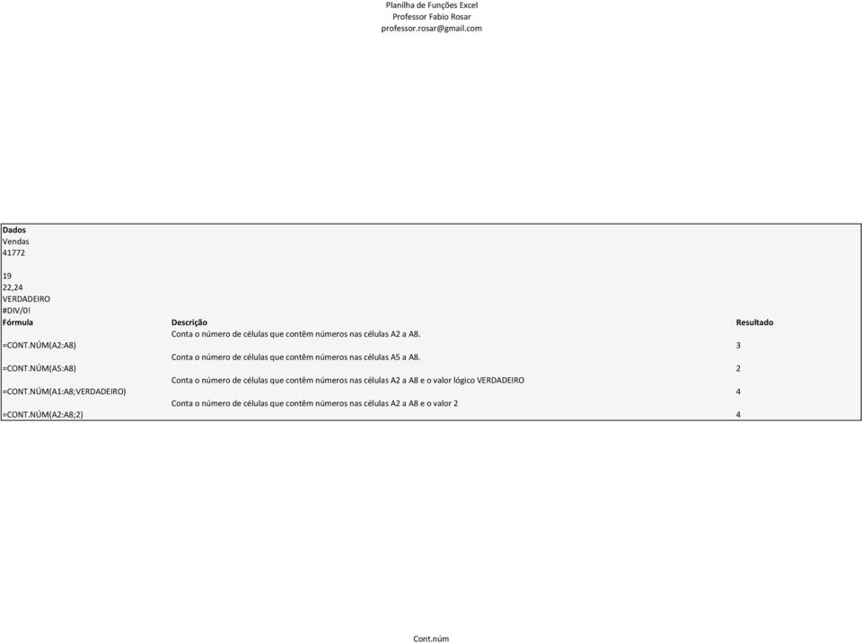 NÚM(A5:A8) Conta o número de células que contêm números nas células A5 a A8. 2 =CONT.