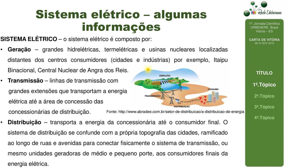 Transmissão linhas de transmissão com grandes extensões que transportam a energia elétrica até a área de concessão das concessionárias de distribuição.