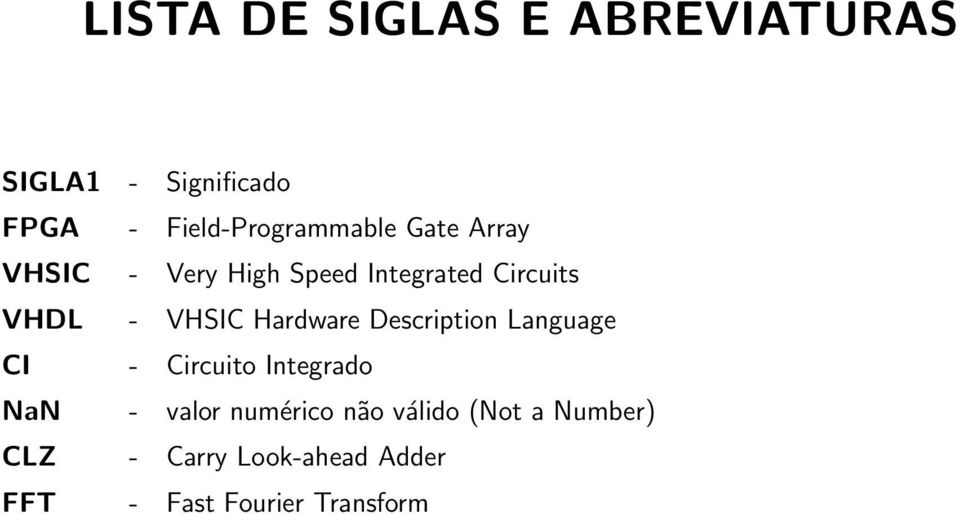 VHDL - VHSIC Hardware Description Language CI - Circuito Integrado NaN -