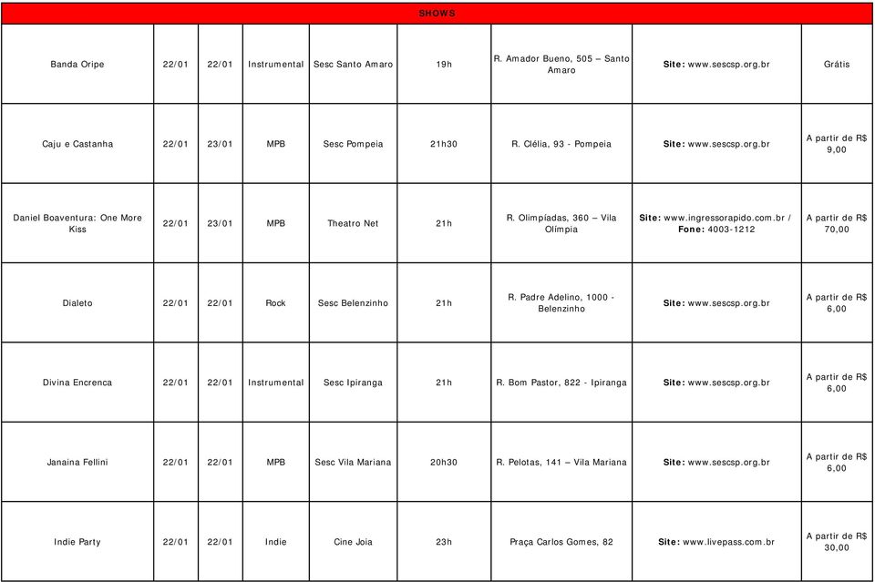 Olimpíadas, 360 Vila Olímpia 70,00 Dialeto 22/01 22/01 Rock Sesc Belenzinho 21h R.