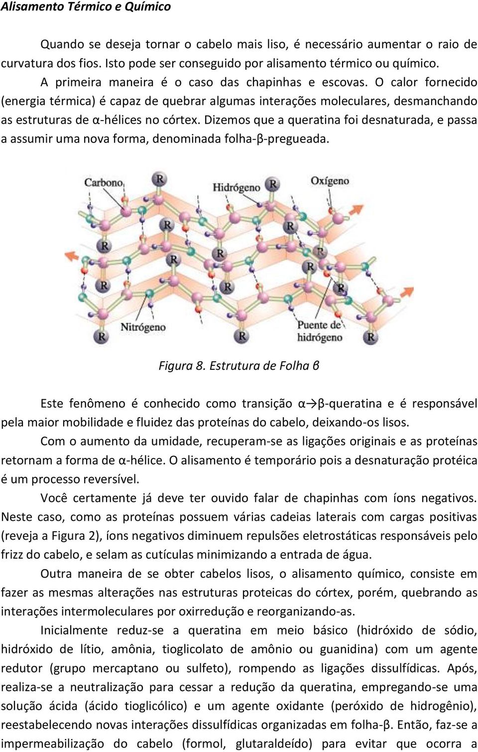 Dizemos que a queratina foi desnaturada, e passa a assumir uma nova forma, denominada folha-β-pregueada. Figura 8.