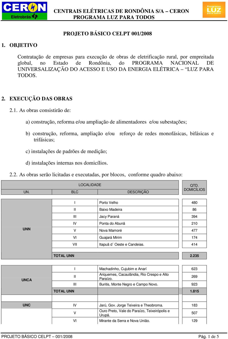 ELÉTRICA LUZ PARA TODOS. 2. EXECUÇÃO DAS OBRAS 2.1.