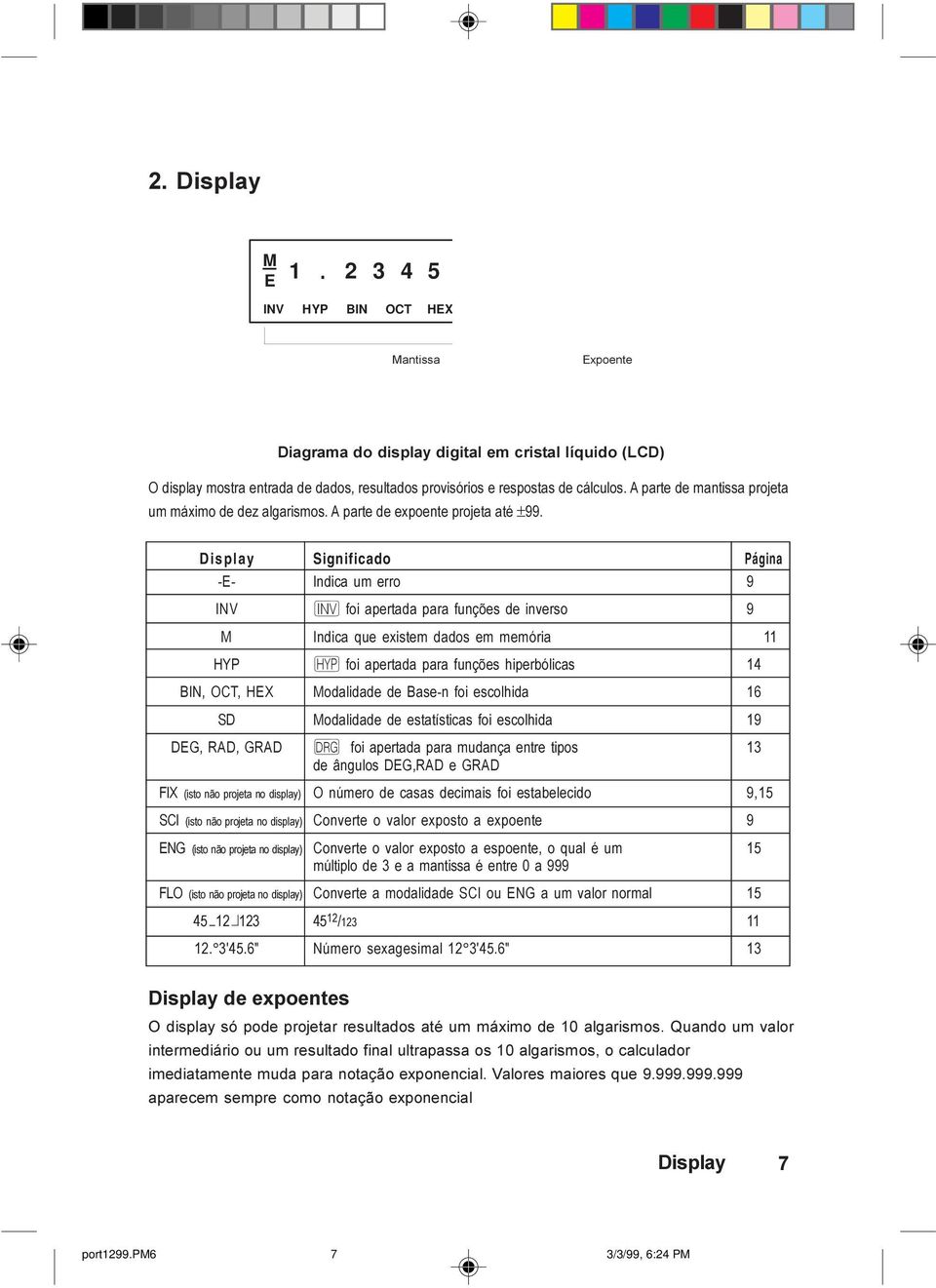 Display Significado Página -E- Indica um erro 9 INV I foi apertada para funções de inverso 9 M Indica que existem dados em memória 11 HYP ª foi apertada para funções hiperbólicas 14 BIN, OCT, HEX