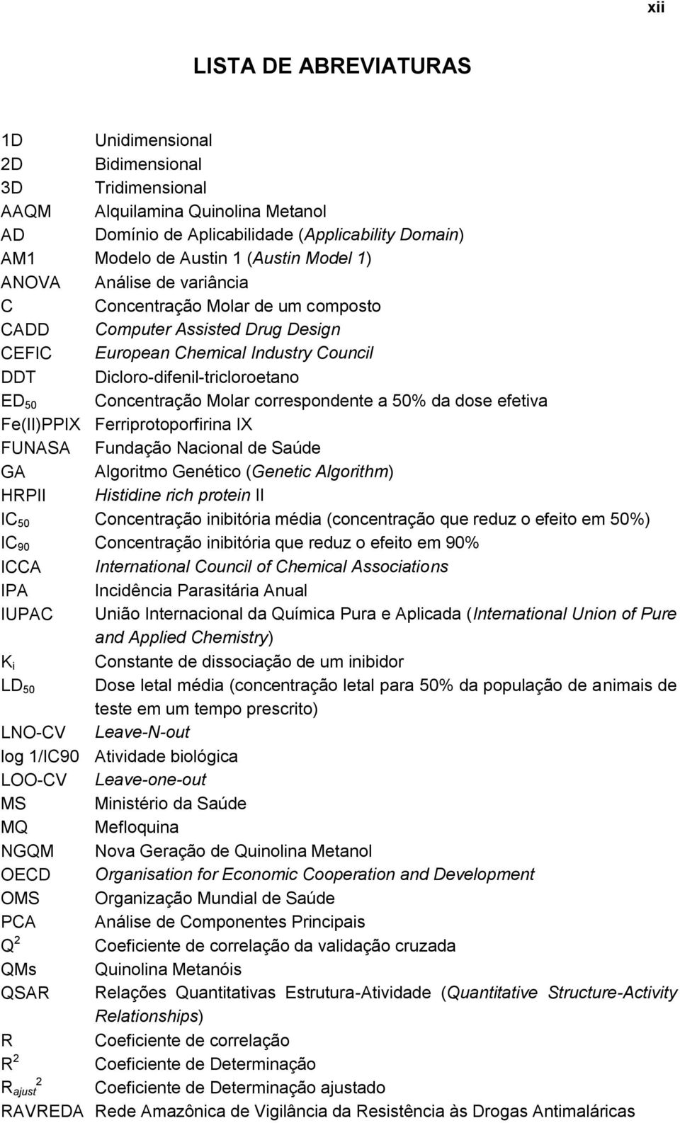 Concentração Molar correspondente a 50% da dose efetiva Fe(II)PPIX Ferriprotoporfirina IX FUNASA Fundação Nacional de Saúde GA Algoritmo Genético (Genetic Algorithm) HRPII Histidine rich protein II