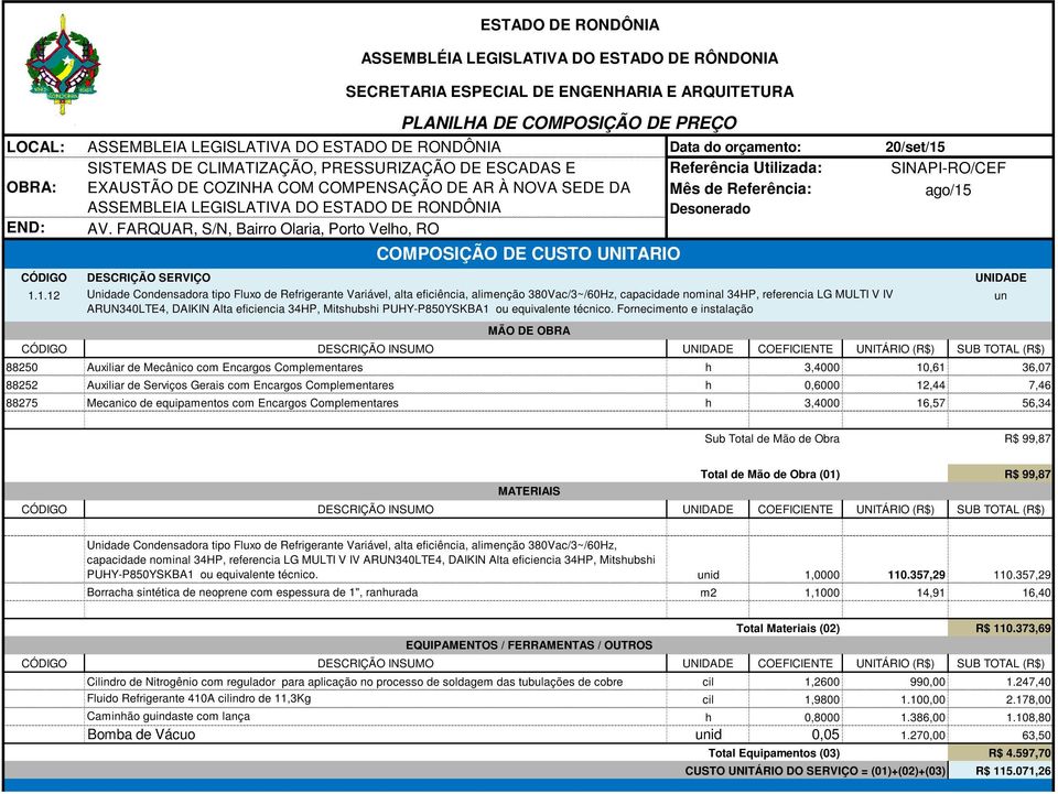 Mitshubshi PUHY-P850YSKBA1 ou equivalente técnico.