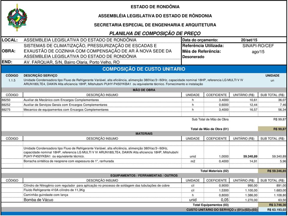 Mitshubshi PUHY-P450YKBA1 ou equivalente técnico.