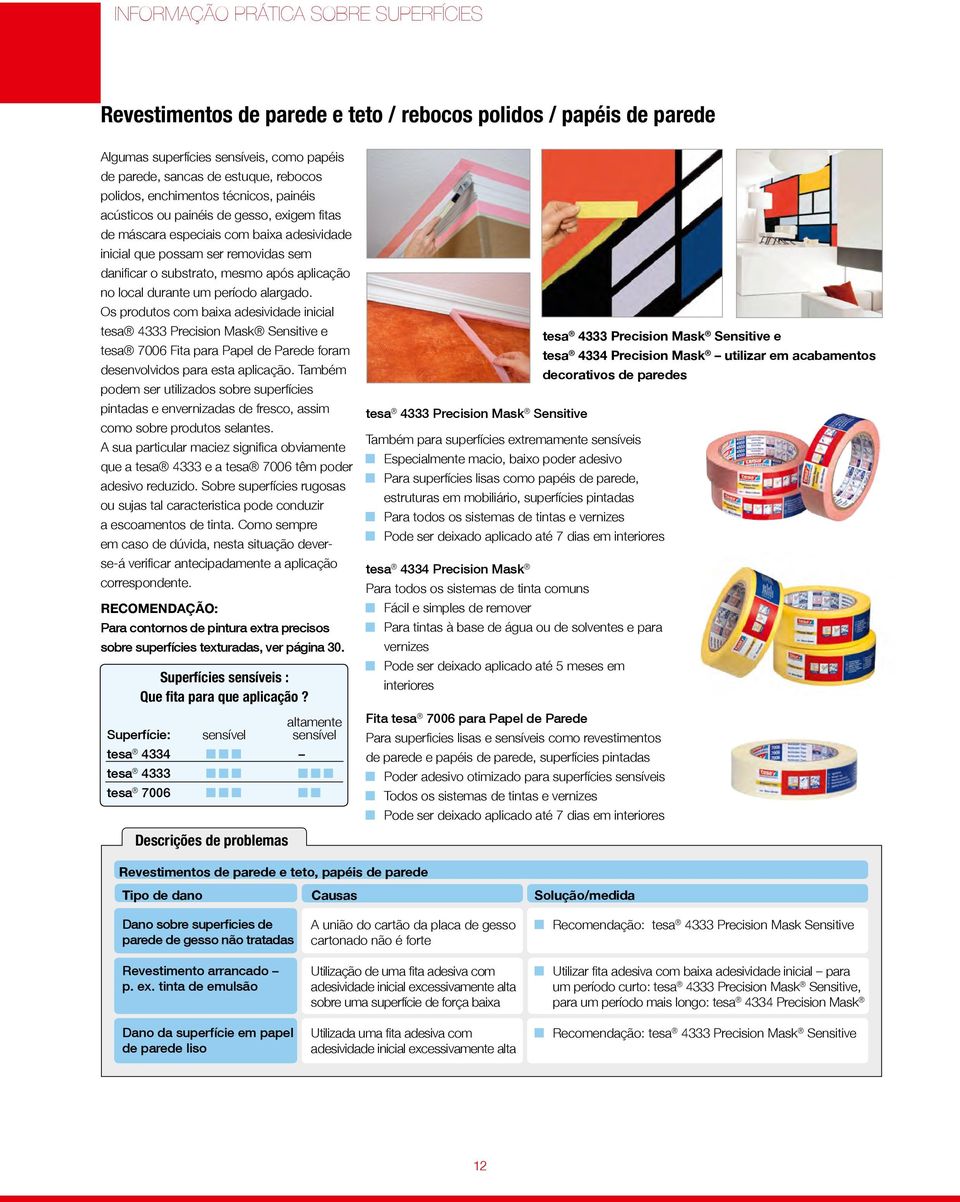 no local durante um período alargado. Os produtos com baixa adesividade inicial tesa 4333 Precision Mask Sensitive e tesa 7006 Fita para Papel de Parede foram desenvolvidos para esta aplicação.