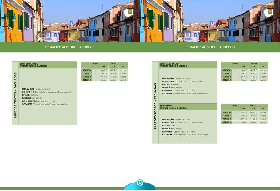 352 BRANCO - 16,40 66,67 s/cons BRANCO - 16,40 66,67 s/cons PAREDES TECTOS e FACHADAS UTILIZAÇÃO: Paredes e madeira BENEFICIOS: Optimo brilho e lavabilidade.