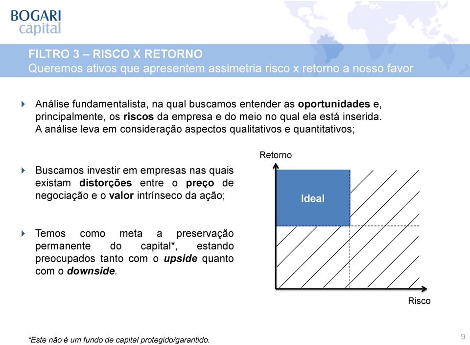 A análise leva em consideração aspectos qualitativos e quantitativos; Buscamos investir em empresas nas quais existam distorções entre o preço de