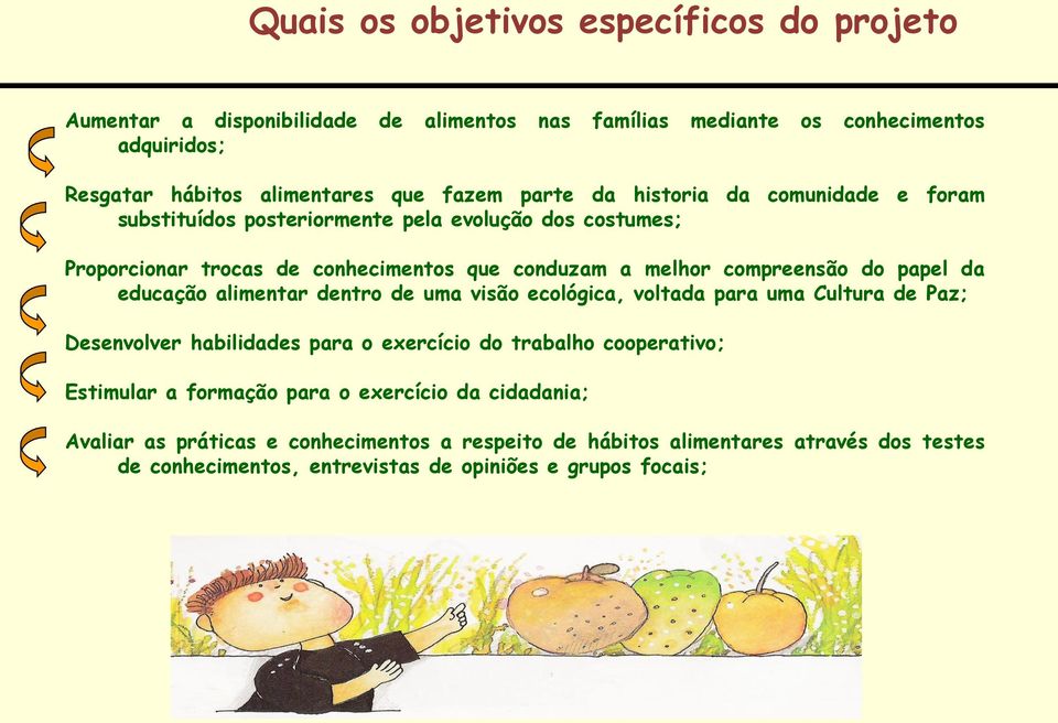 papel da educação alimentar dentro de uma visão ecológica, voltada para uma Cultura de Paz; Desenvolver habilidades para o exercício do trabalho cooperativo; Estimular a