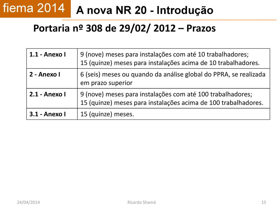 10 trabalhadores. 2 - Anexo I 6 (seis) meses ou quando da análise global do PPRA, se realizada em prazo superior 2.