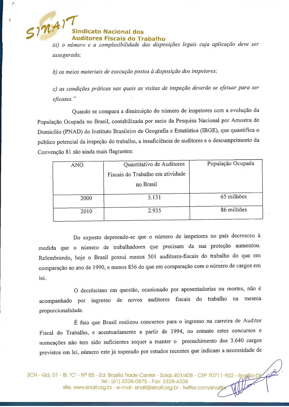 " Quando se compara a diminuição do número de inspetores com a evolução da População Ocupada no Brasil, contabilizada por meio da Pesquisa Nacional por Amostra de Domicílio (PNAD) do Instituto