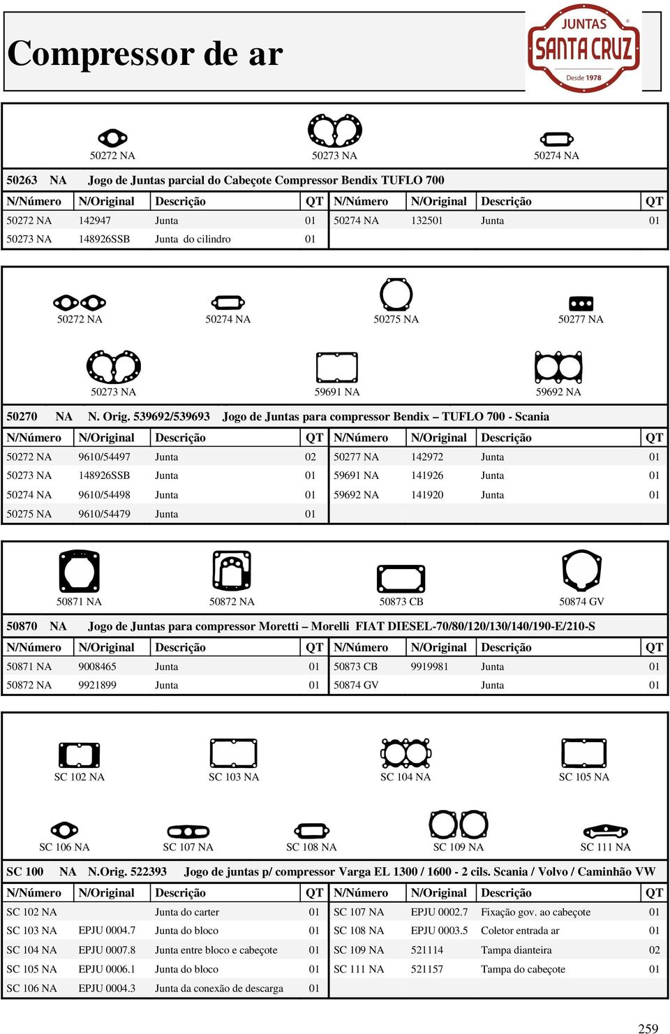 539692/539693 Jogo de Juntas para compressor Bendix TUFLO 700 - Scania 50272 NA 9610/54497 Junta 02 50277 NA 142972 Junta 01 50273 NA 148926SSB Junta 01 59691 NA 141926 Junta 01 50274 NA 9610/54498
