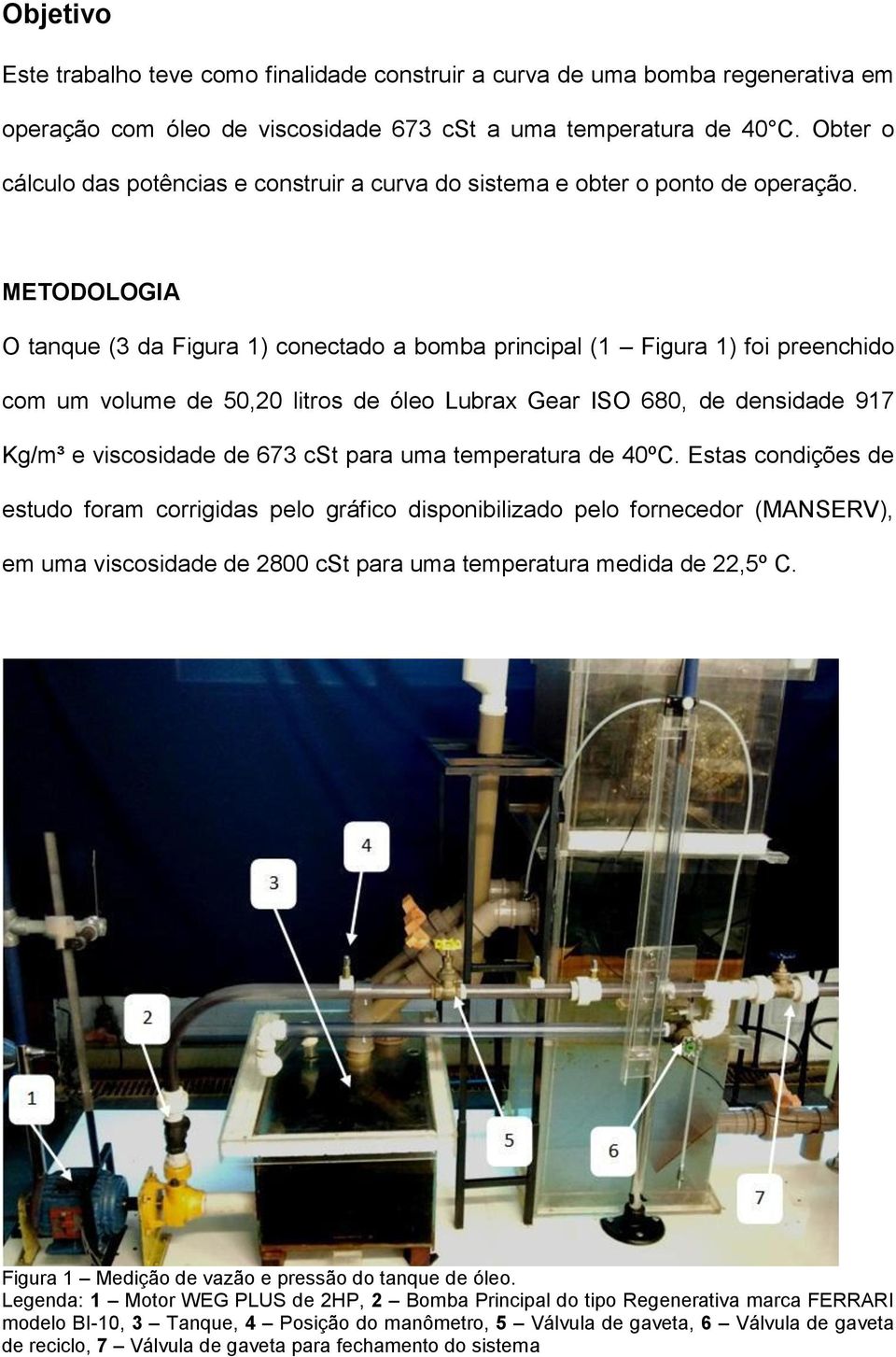 METODOLOGIA O tanque (3 da Figura 1) conectado a bomba principal (1 Figura 1) foi preenchido com um volume de 50,20 litros de óleo Lubrax Gear ISO 680, de densidade 917 Kg/m³ e viscosidade de 673 cst