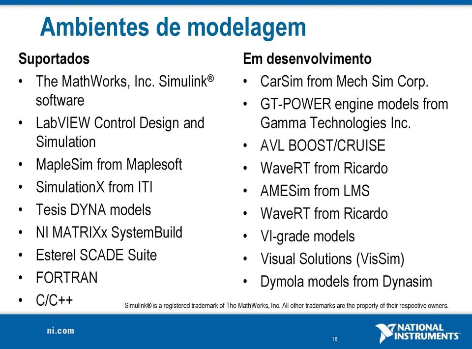 Esterel SCADE Suite FORTRAN C/C++ Em desenvolvimento CarSim from Mech Sim Corp. GT-POWER engine models from Gamma Technologies Inc.