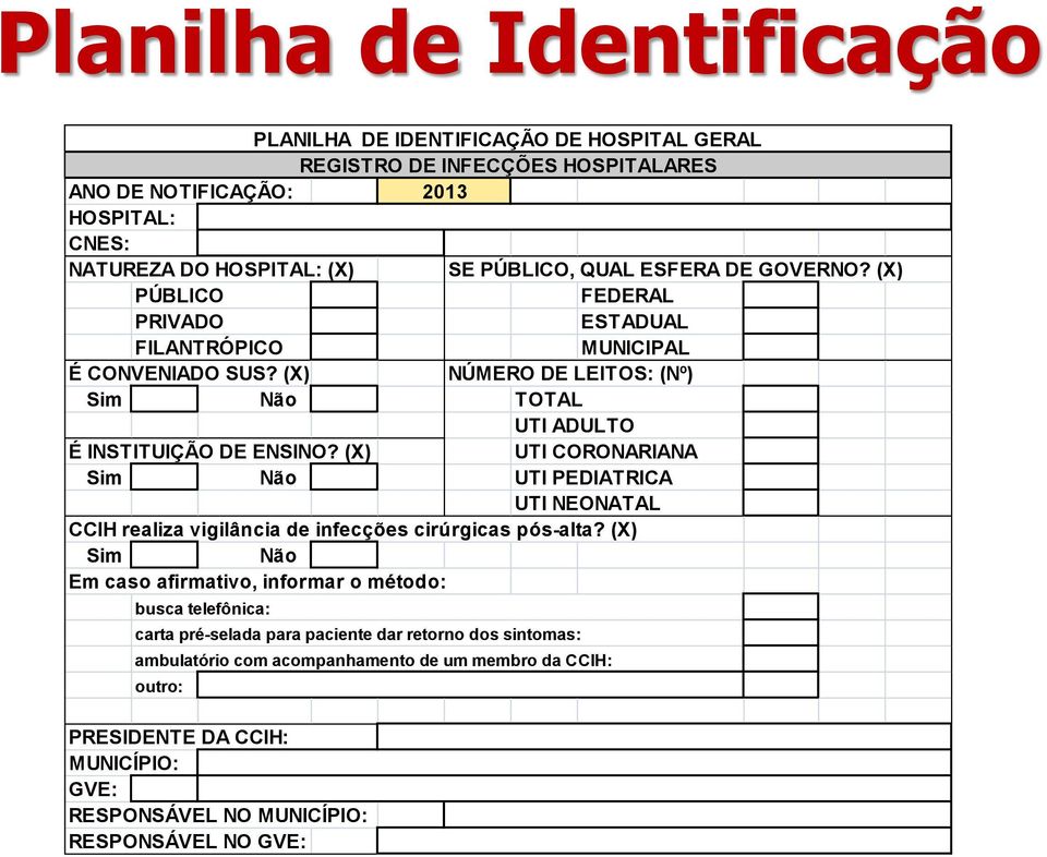 (X) UTI CORONARIANA Sim Não UTI PEDIATRICA UTI NEONATAL CCIH realiza vigilância de infecções cirúrgicas pós-alta?