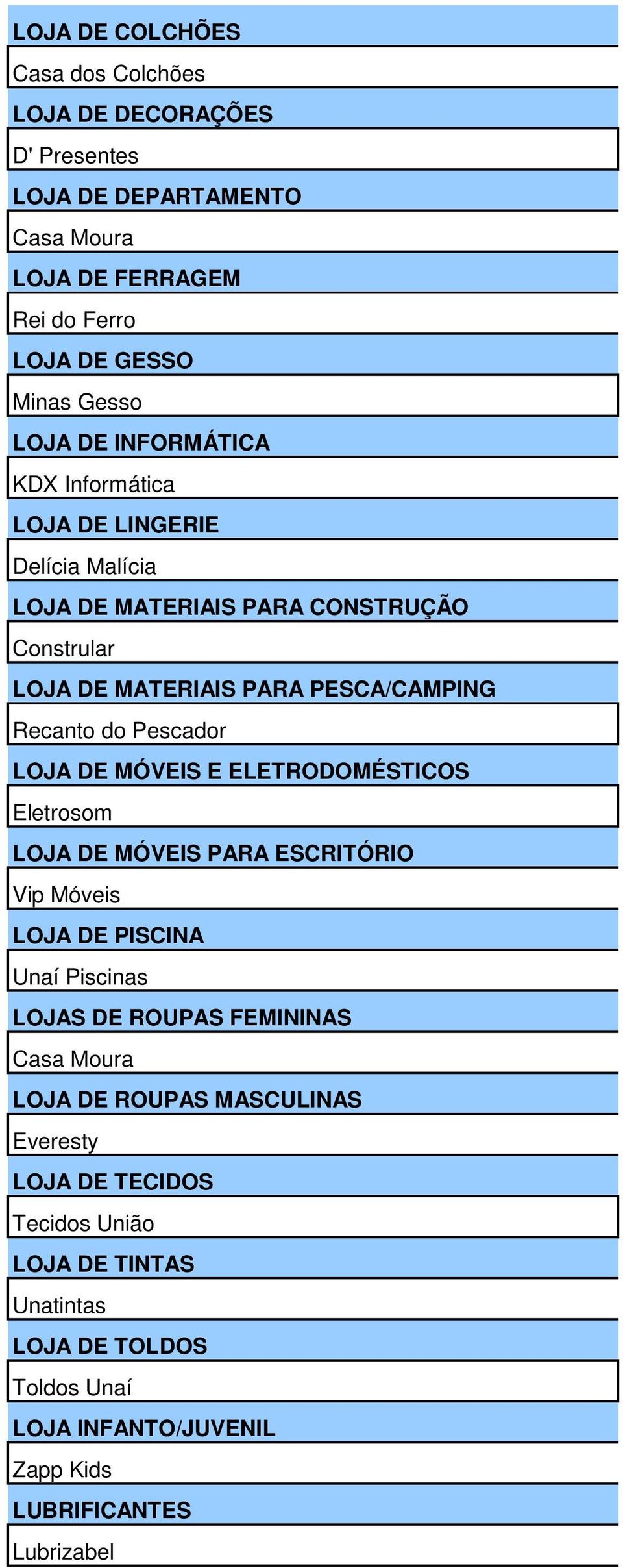 LOJA DE MÓVEIS E ELETRODOMÉSTICOS Eletrosom LOJA DE MÓVEIS PARA ESCRITÓRIO Vip Móveis LOJA DE PISCINA Unaí Piscinas LOJAS DE ROUPAS FEMININAS Casa Moura LOJA DE