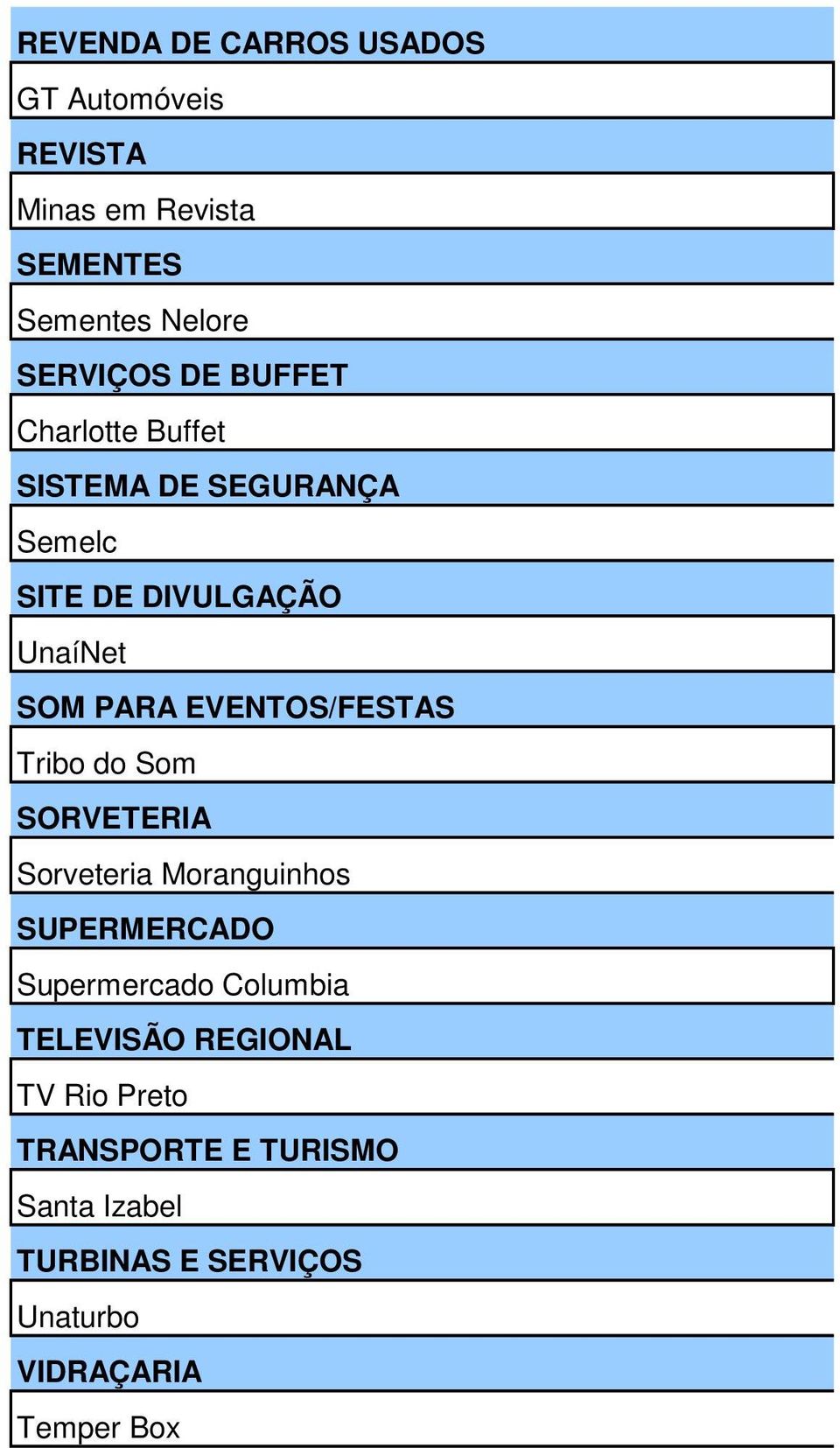 EVENTOS/FESTAS Tribo do Som SORVETERIA Sorveteria Moranguinhos SUPERMERCADO Supermercado Columbia