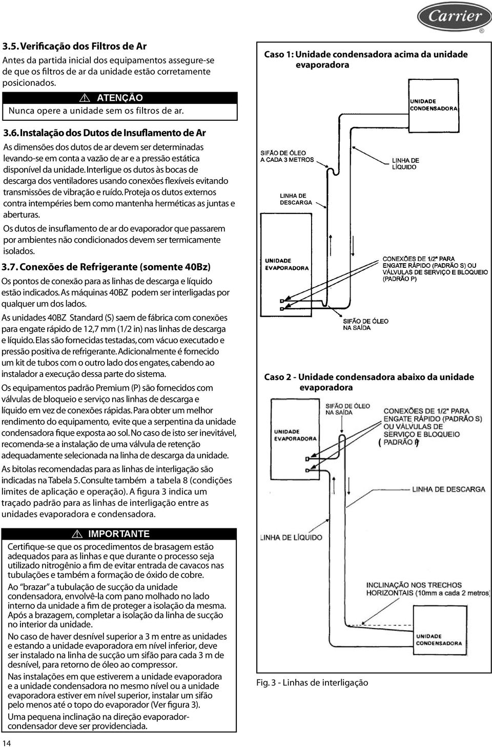 Instalação dos Dutos de Insuflamento de Ar As dimensões dos dutos de ar devem ser determinadas levandose em conta a vazão de ar e a pressão estática disponível da unidade.