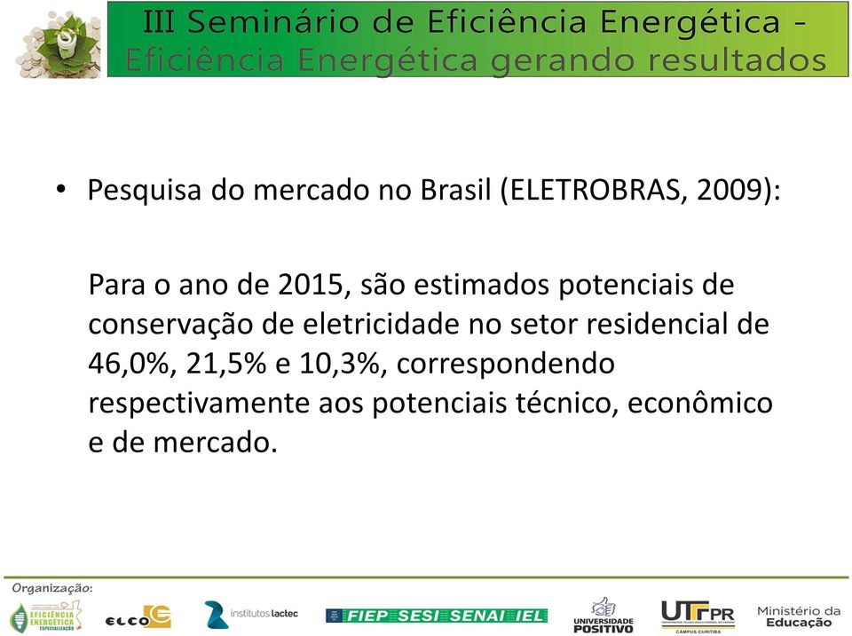 eletricidade no setor residencial de 46,0%, 21,5% e 10,3%,