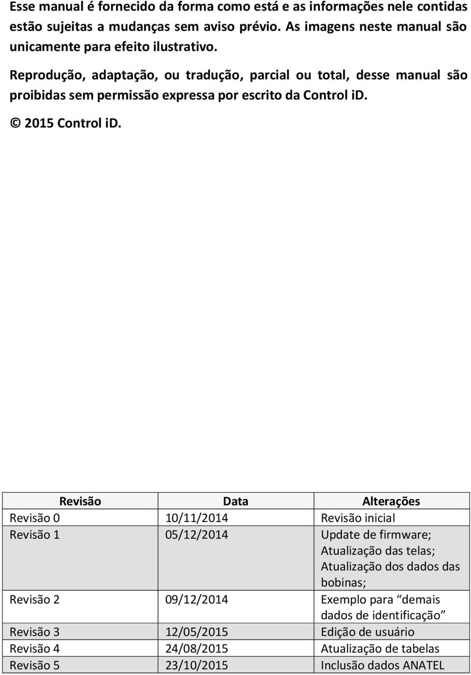 Reprodução, adaptação, ou tradução, parcial ou total, desse manual são proibidas sem permissão expressa por escrito da Control id. 2015 Control id.