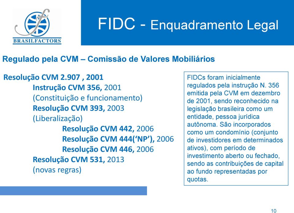 446, 2006 Resolução CVM 531, 2013 (novas regras) FIDCs foram inicialmente regulados pela instrução N.