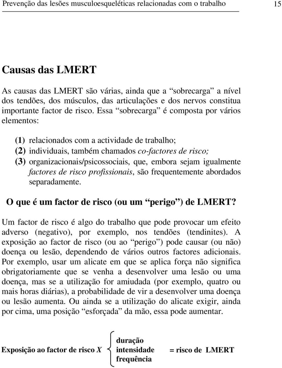 Essa sobrecarga é composta por vários elementos: (1) relacionados com a actividade de trabalho; (2) individuais, também chamados co-factores de risco; (3) organizacionais/psicossociais, que, embora