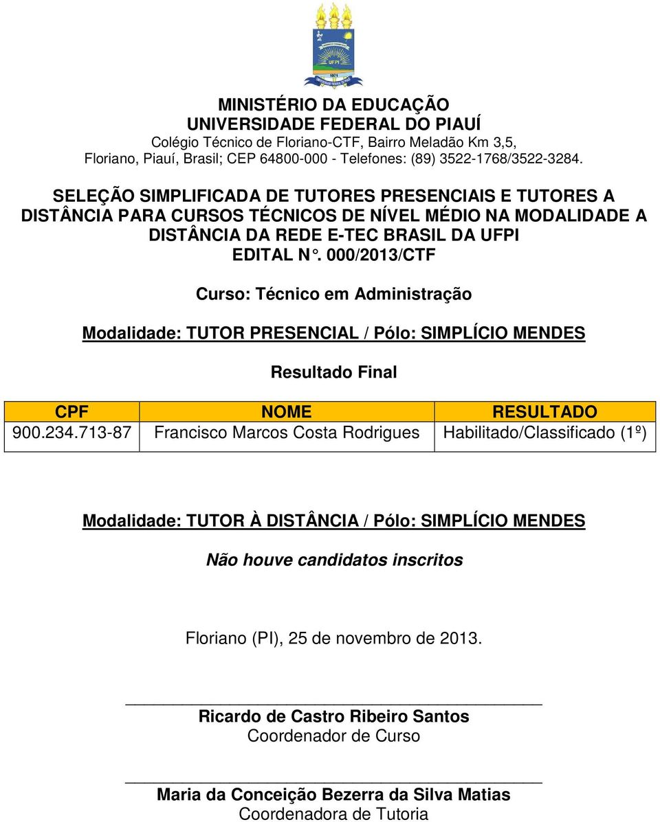 000/2013/CTF Curso: Técnico em Administração Modalidade: TUTOR PRESENCIAL / Pólo: SIMPLÍCIO MENDES 900.234.