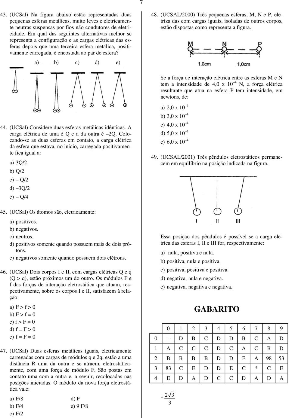 48. (UCSAL/00) Três pequenas esferas, M, N e P, eletriza das com cargas iguais, isoladas de outros corpos, estão dispostas como representa a figura.