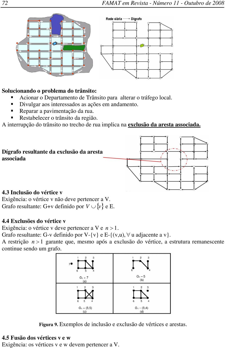 3 Inclusão do vértice v Exigência: o vértice v não deve pertencer a V. Grafo resultante: G+v definido por V v e E. { } 4.4 Exclusões do vértice v Exigência: o vértice v deve pertencer a V e n >.