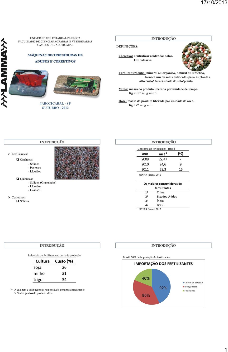 Vazão: massa do produto liberada por unidade de tempo. Kg min -1 ou g min -1. JABOTICABAL - SP OUTUBRO - 2013 Dose: massa do produto liberada por unidade de área. Kg ha -1 ou g m -2.