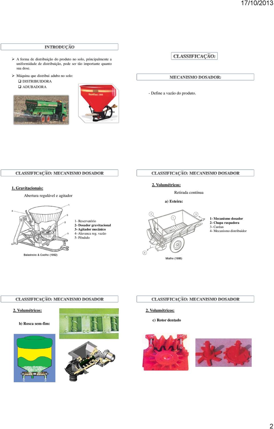 Gravitacionais: Abertura regulável e agitador 2. Volumétricos: a) Esteira: Retirada contínua 1- Reservatório 2- Dosador gravitacional 3- Agitador mecânico 4- Alavanca reg.