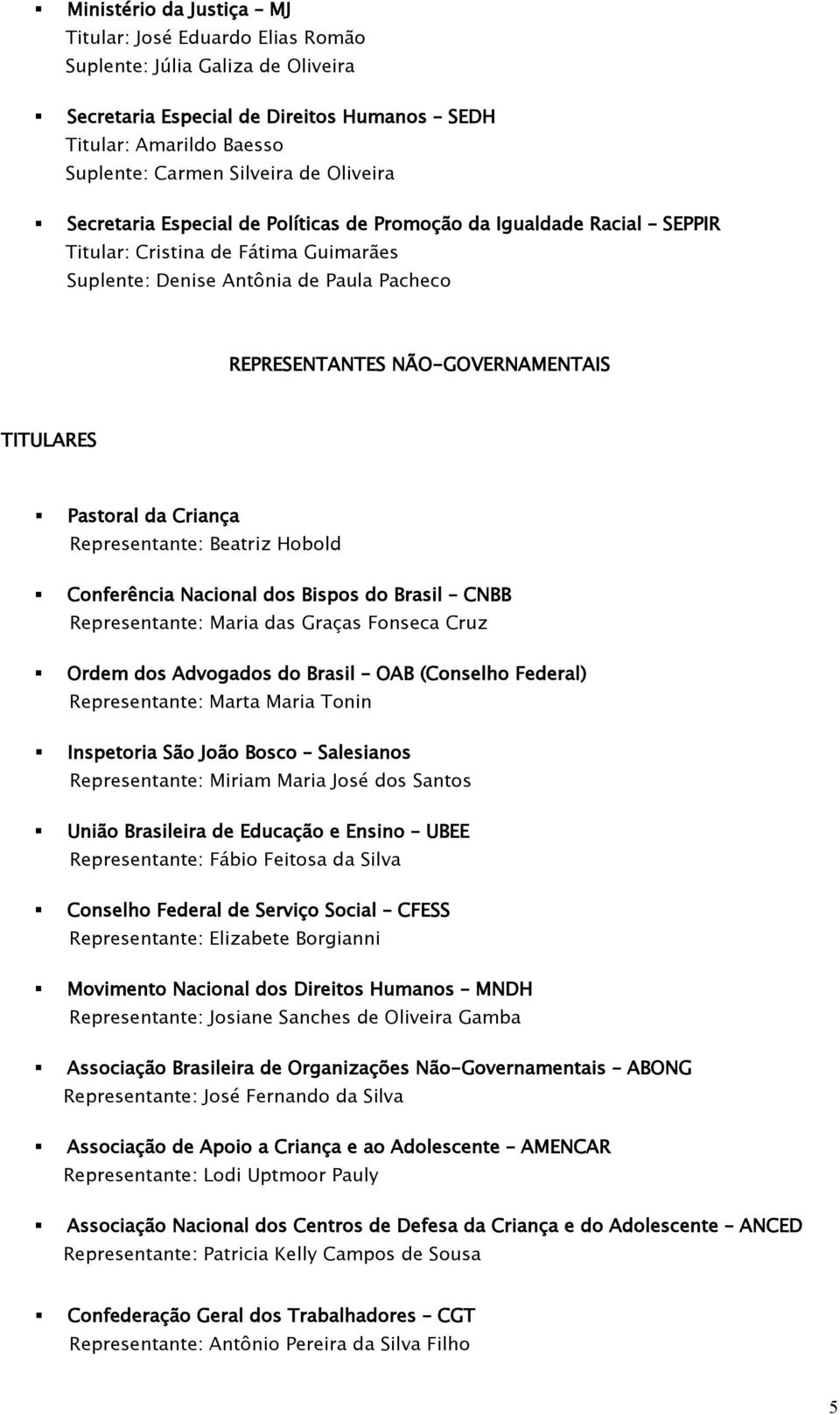 TITULARES Pastoral da Criança Representante: Beatriz Hobold Conferência Nacional dos Bispos do Brasil CNBB Representante: Maria das Graças Fonseca Cruz Ordem dos Advogados do Brasil OAB (Conselho