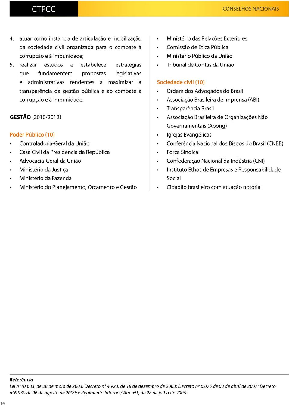 GestãO (2010/2012) Poder Público (10) Controladoria-Geral da União Casa Civil da Presidência da República Advocacia-Geral da União Ministério da Justiça Ministério da Fazenda Ministério do