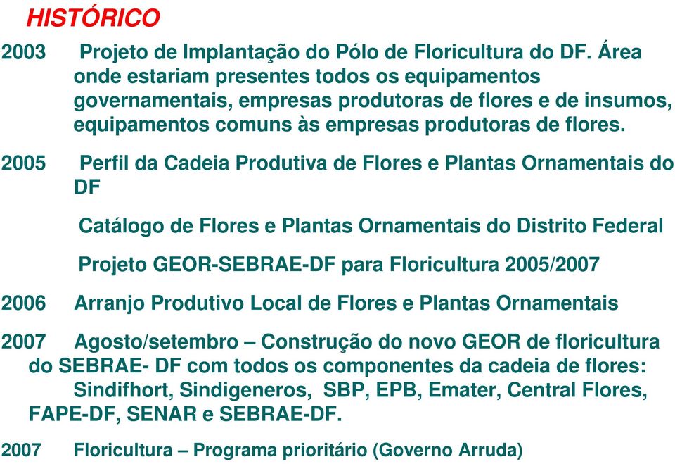 2005 Perfil da Cadeia Produtiva de Flores e Plantas Ornamentais do DF Catálogo de Flores e Plantas Ornamentais do Distrito Federal Projeto GEOR-SEBRAE-DF para Floricultura 2005/2007