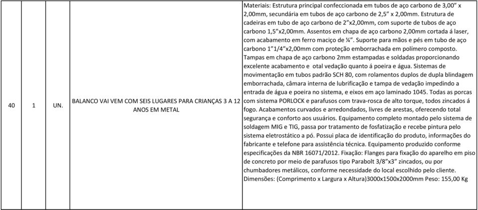 2,00mm. Estrutura de cadeiras em tubo de aço carbono de 2 x2,00mm, com suporte de tubos de aço carbono 1,5 x2,00mm.