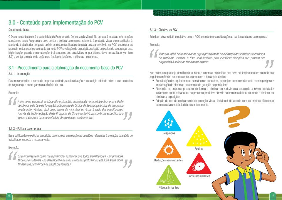 responsabilidades de cada pessoa envolvida no PCV; enumerar os procedimentos escritos que farão parte do PCV (avaliação da exposição, seleção do óculos de segurança, uso, higienização, guarda e