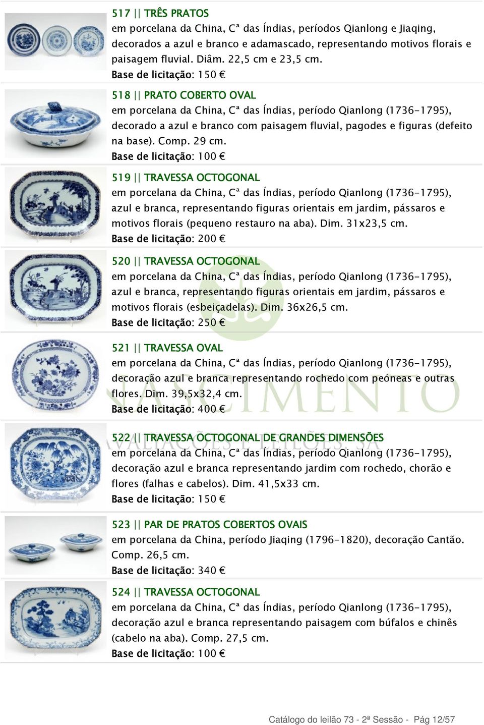 519 TRAVESSA OCTOGONAL em porcelana da China, Cª das Índias, período Qianlong (1736-1795), azul e branca, representando figuras orientais em jardim, pássaros e motivos florais (pequeno restauro na