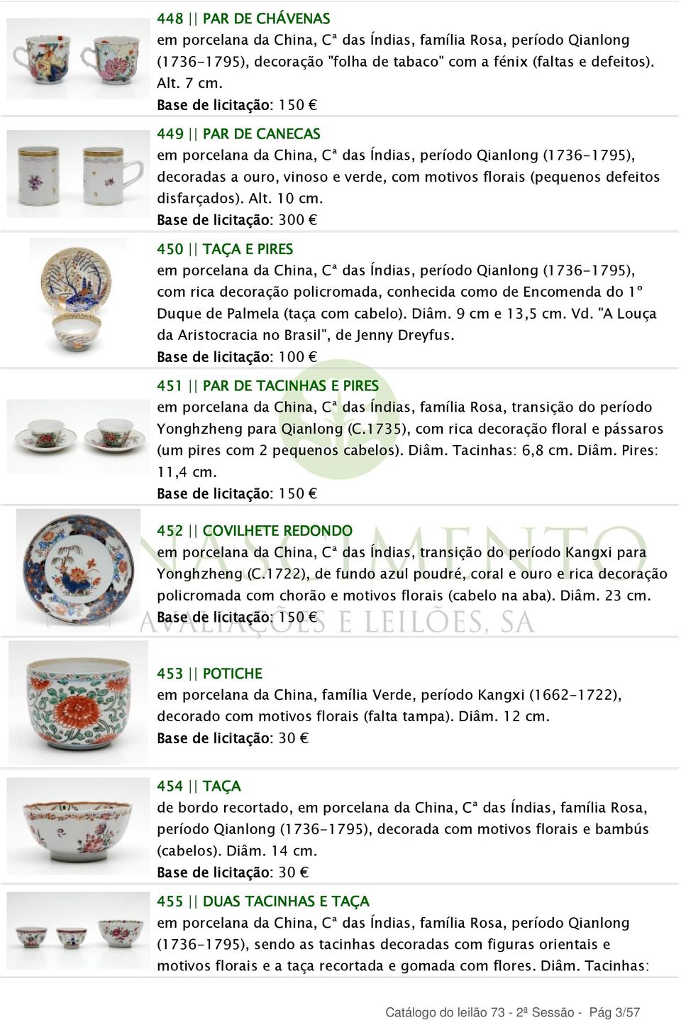 Base de licitação: 300 450 TAÇA E PIRES em porcelana da China, Cª das Índias, período Qianlong (1736-1795), com rica decoração policromada, conhecida como de Encomenda do 1º Duque de Palmela (taça