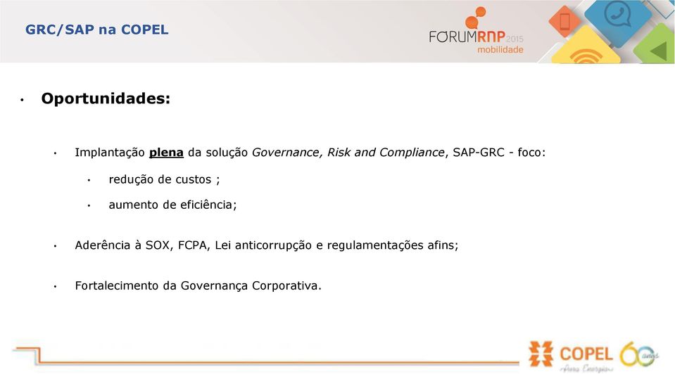 custos ; aumento de eficiência; Aderência à SOX, FCPA, Lei